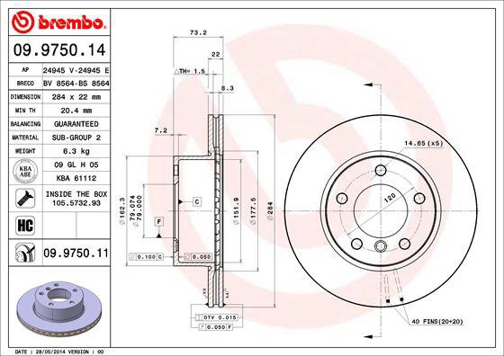 BREMBO brake disc 09.9750.14, set of 2 - Brake Disc