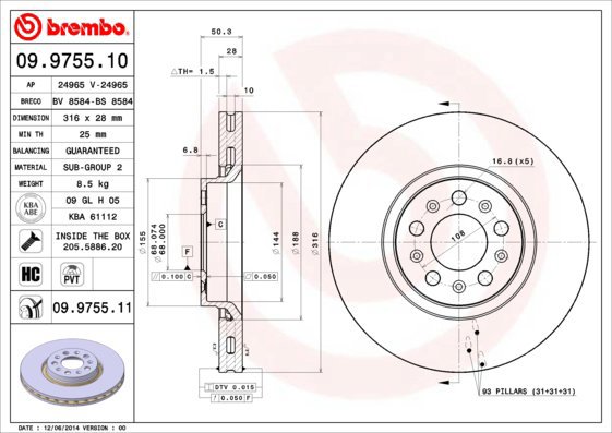 BREMBO brake disc 09.9755.11, set of 2 - Brake Disc