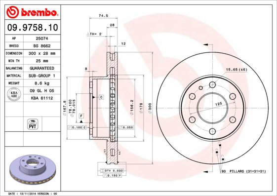 BREMBO brake disc 09.9758.10, set of 2 - Brake Disc