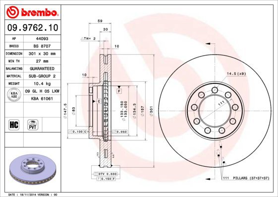 BREMBO brake disc 09.9762.10, set of 2 - Brake Disc