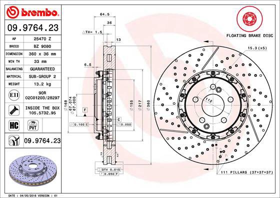 BREMBO brake disc 09.9764.23, set of 2 - Brake Disc