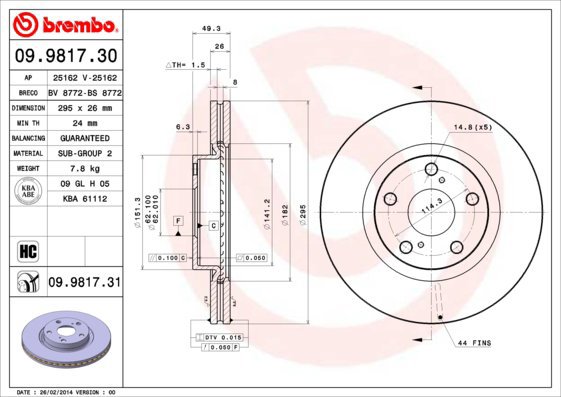 BREMBO brake disc 09.9817.31, set of 2 - Brake Disc