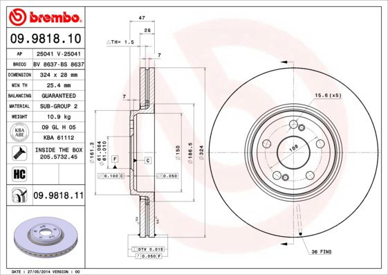 BREMBO brake disc 09.9818.10, set of 2 - Brake Disc