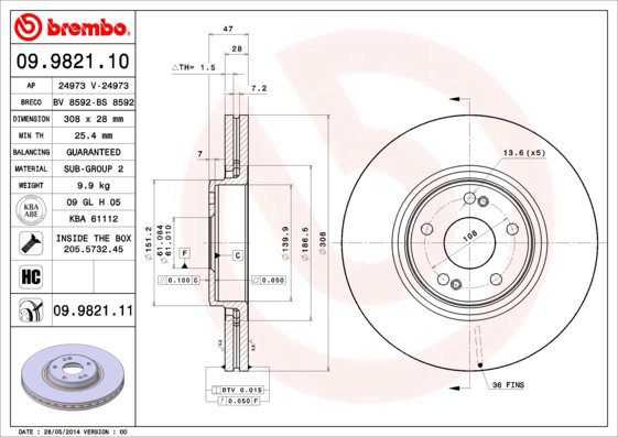 BREMBO brake disc 09.9821.10, set of 2 - Brake Disc