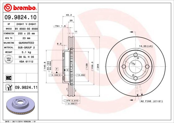 BREMBO brake disc 09.9824.11, set of 2 - Brake Disc