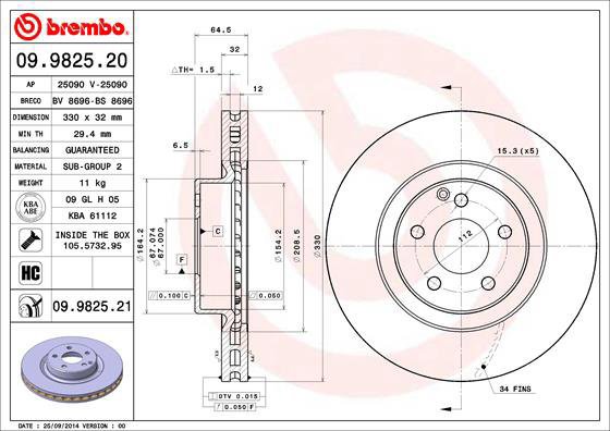 BREMBO brake disc 09.9825.21, set of 2 - Brake Disc