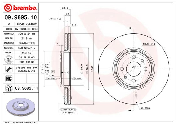 BREMBO brake disc 09.9895.10, set of 2 - Brake Disc