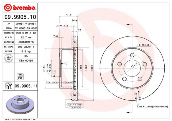BREMBO brake disc 09.9905.10, set of 2 - Brake Disc