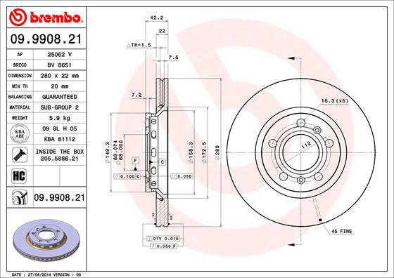 BREMBO brake disc 09.9908.21, set of 2 - Brake Disc