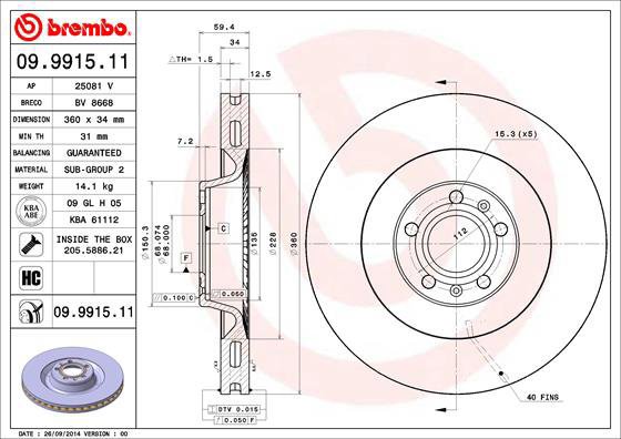 BREMBO brake disc 09.9915.11, set of 2 - Brake Disc