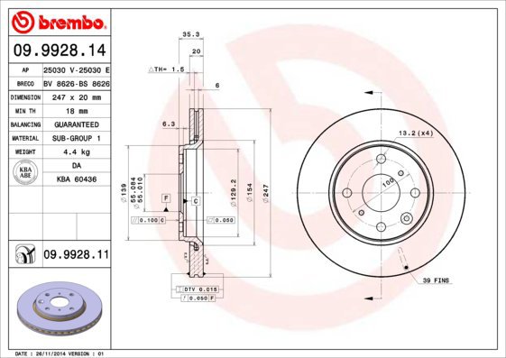 BREMBO brake disc 09.9928.11, set of 2 - Brake Disc