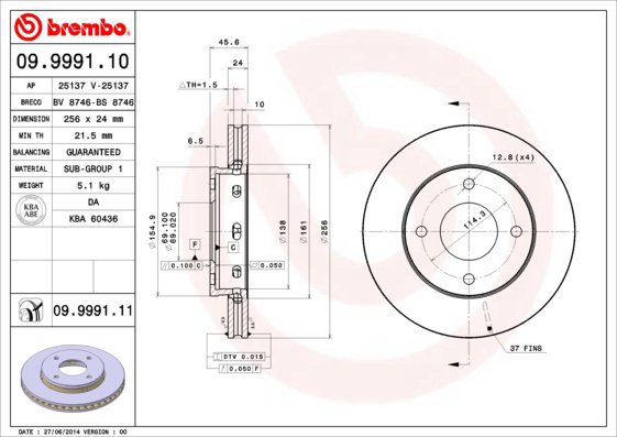 BREMBO brake disc 09.9991.10, set of 2 - Brake Disc