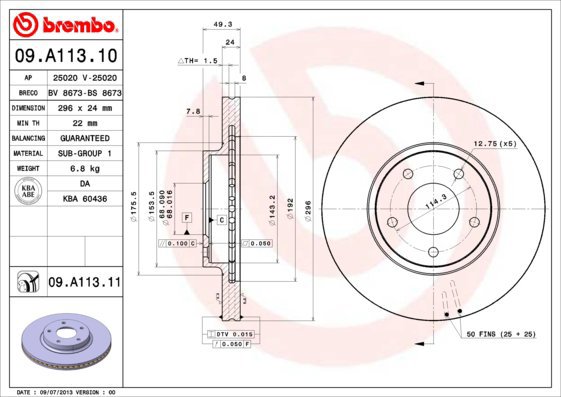 BREMBO brake disc 09. A113.11, set of 2 - Brake Disc