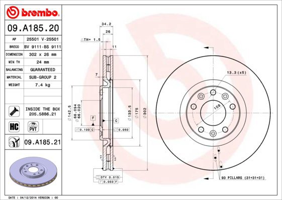 BREMBO brake disc 09. A185.20, set of 2 - Brake Disc
