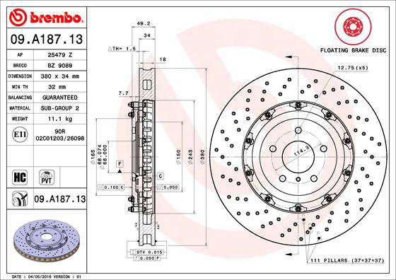 BREMBO brake disc 09. A187.13, set of 2 - Brake Disc