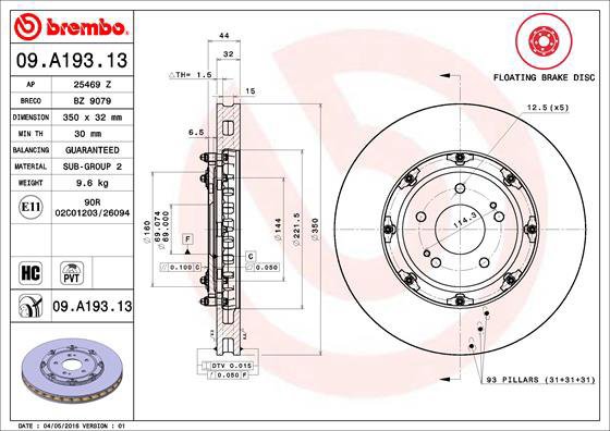 BREMBO brake disc 09. A193.13, set of 2 - Brake Disc
