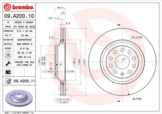 BREMBO brake disc 09. A200.10, set of 2 - Brake Disc
