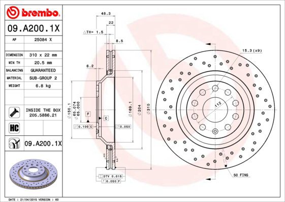 BREMBO brake disc 09. A200.1X, set of 2 - Brake Disc
