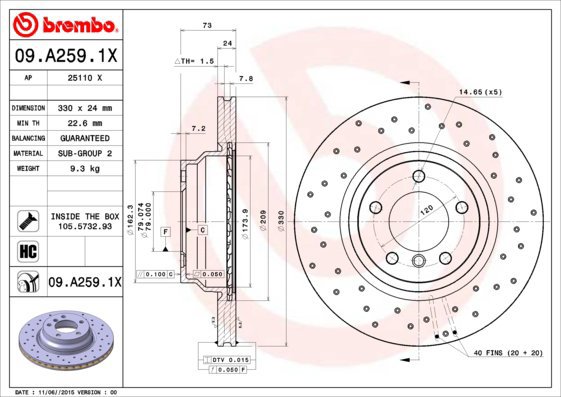 BREMBO brake disc 09. A259.1X, set of 2 - Brake Disc