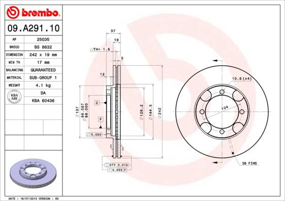 BREMBO brake disc 09. A291.10, set of 2 - Brake Disc
