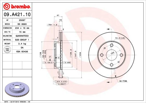 BREMBO brake disc 09. A421.10, set of 2 - Brake Disc