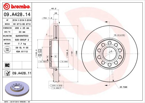 BREMBO brake disc 09. A428.14, set of 2 - Brake Disc