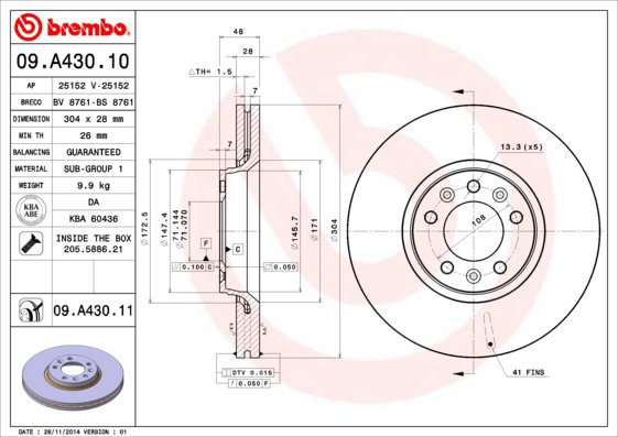 BREMBO brake disc 09. A430.11, set of 2 - Brake Disc