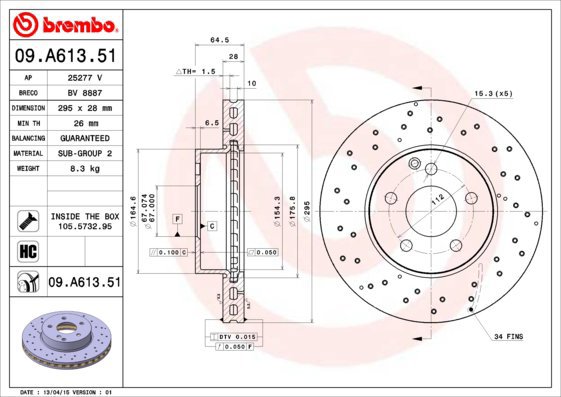 BREMBO brake disc 09. A613.51, set of 2 - Brake Disc