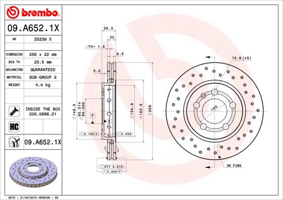 BREMBO brake disc 09. A652.1X, set of 2 - Brake Disc