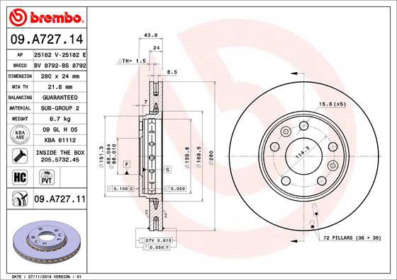 BREMBO brake disc 09. A727.14, set of 2 - Brake Disc