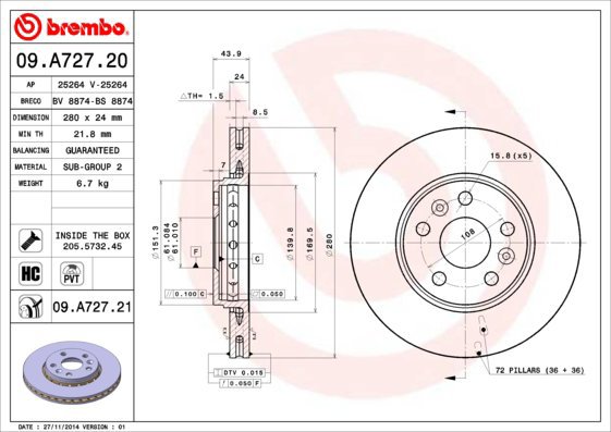BREMBO brake disc 09. A727.20, set of 2 - Brake Disc