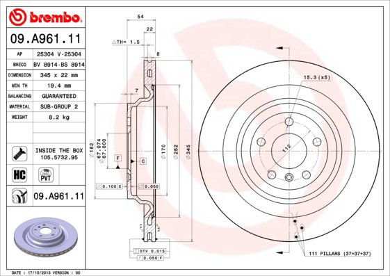 BREMBO brake disc 09. A961.11, set of 2 - Brake Disc