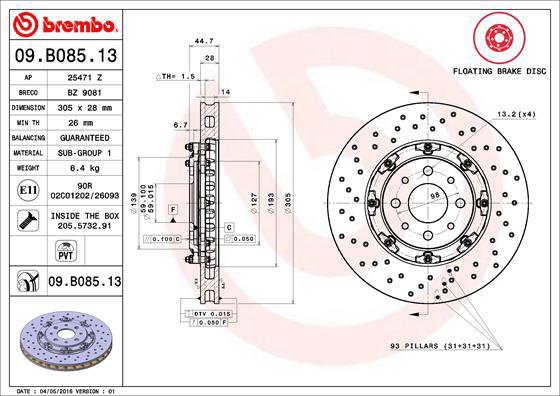 BREMBO brzdový kotouč 09.B085.13, sada 2 ks - Brake Disc