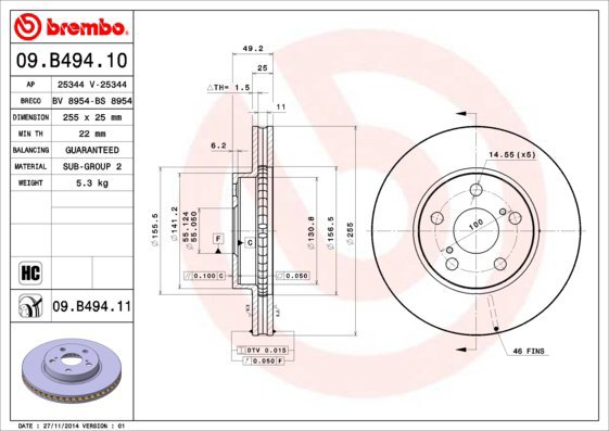 BREMBO brake disc 09. B494.11, set of 2 - Brake Disc