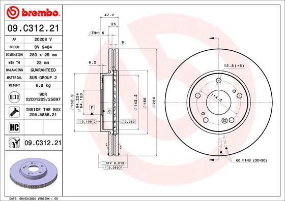 BREMBO brake disc 09. C312.21, set of 2 - Brake Disc