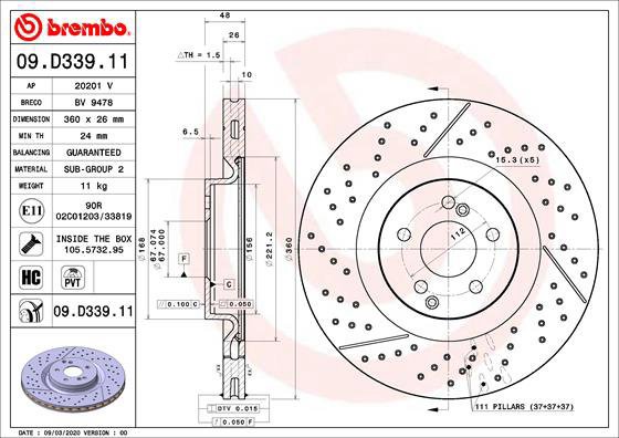 BREMBO brake disc 09. D339.11, set of 2 - Brake Disc