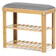 Shoe rack / bench, 2 shelves, solid bamboo, natural shade, grey fabric - Shoe Rack