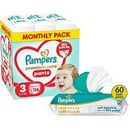 PAMPERS Premium Care Pants vel. 3 (114 ks) + PAMPERS Aqua Soft Touch 60 ks - Nappies