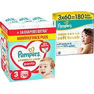 PAMPERS Premium Care Pants vel. 3 (152 ks) + PAMPERS Aqua Soft Touch 180 ks (3× 60 ks) - Nappies