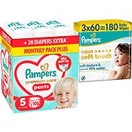 PAMPERS Premium Care Pants vel. 5 (108 ks) + PAMPERS Aqua Soft Touch 180 ks (3× 60 ks) - Nappies