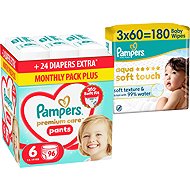 PAMPERS Premium Care Pants vel. 6 (96 ks) + PAMPERS Aqua Soft Touch 180 ks (3× 60 ks) - Nappies
