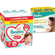 PAMPERS Premium Care Pants vel. 7 (84 ks) + PAMPERS Aqua Soft Touch 180 ks (3× 60 ks) - Nappies