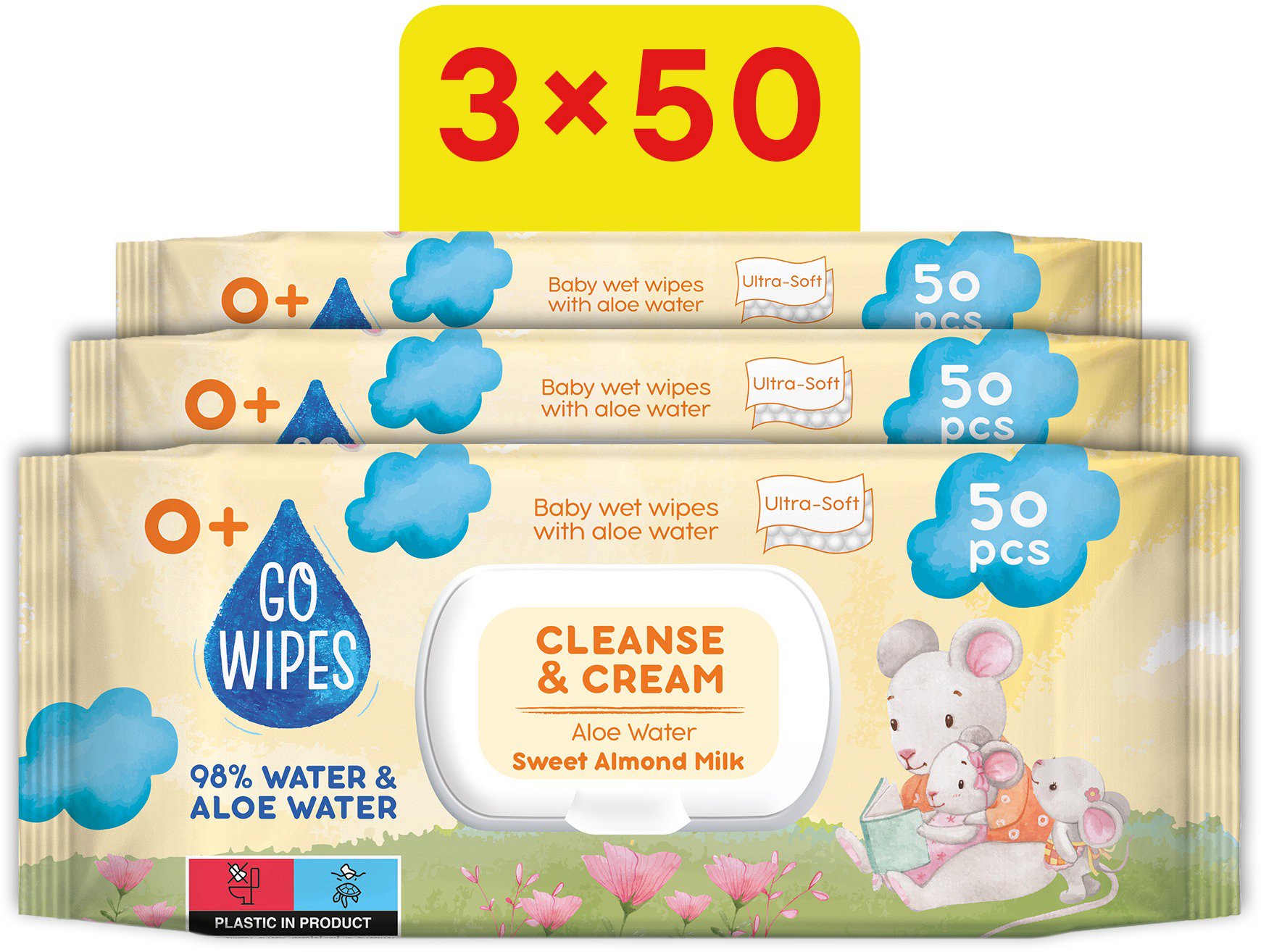 GoWipes with Aloe water and almond milk 3×50 pcs (150 pcs) - Wet Wipes