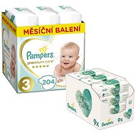 PAMPERS Premium Care size 3 Midi (204 pcs) + PAMPERS Aqua Pure Wet Wipes 9 × 48 pcs - Nappy Set