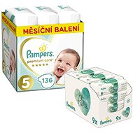 PAMPERS Premium Care size 5 Junior (136 pcs) + PAMPERS Aqua Pure Wet Wipes 9 × 48 pcs - Nappy Set
