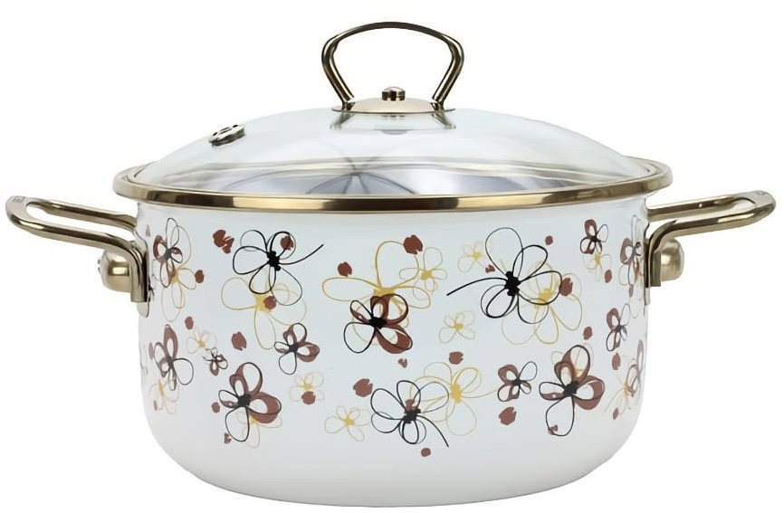 BELIS PREMIUM Enamel pot with glass. lid cream 16 cm/1,5 l - Pot