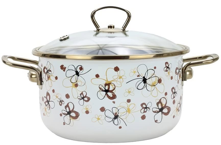 BELIS PREMIUM Enamel pot with glass. lid cream 18 cm/2,2 l - Pot