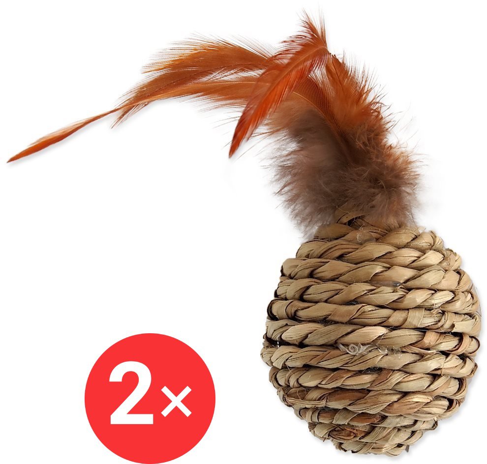 MAGIC CAT toy ball seagrass with feathers 9 cm 2 pcs - Cat Toy Ball