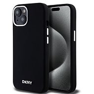 DKNY Liquid Silver Metal Logo iPhone 15 fekete szilikon MagSafe tok - Telefon tok