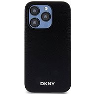 DKNY PU Leather Silver Metal Logo Magsafe Back Cover for iPhone 15 Pro Black - Phone Cover